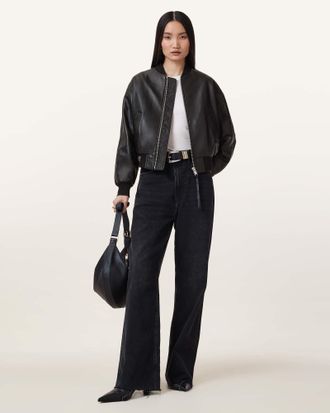 AllSaints Womens Leather Zenith Leather Bomber Jacket, Size: L