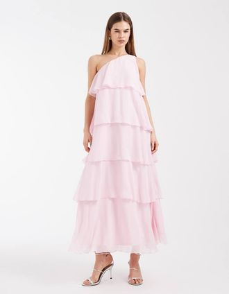Vero Moda Felicia - Vestito lungo monospalla a balze rosa chiaro con decorazione floreale