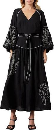 Ciebon Faye Embroidered Tie Waist Long Sleeve Maxi Dress in Black at Nordstrom Rack, Size X-Small