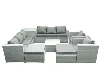 Fimous Outdoor Rattan Sofa Garden Furniture Set with 2 Armchairs Square Coffee Table 2 Big Footstools Side Table Light Grey Mixed