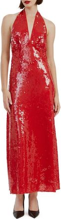 Bardot Freja Sequin Open Back Halter Maxi Dress in Deep Red at Nordstrom, Size 12