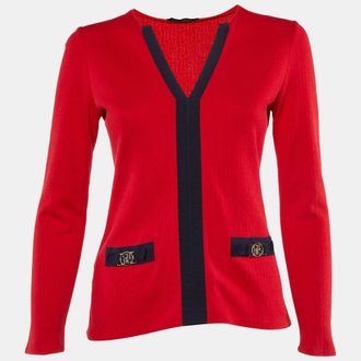 Carolina Herrera Red Ch Pattern Cotton V-Neck Top