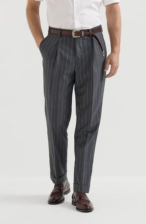 Brunello Cucinelli Super 150s virgin wool wide chalk stripe batavia trousers with pleat in Grey at Nordstrom, Size 46