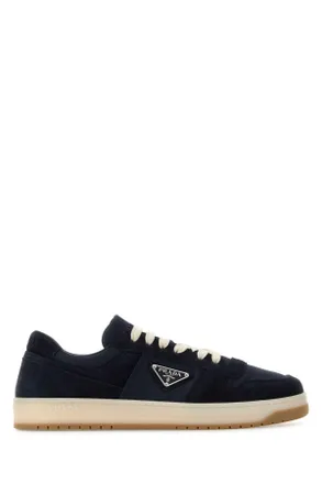 Prada Navy Blue Canvas And Suede Downtown Sneakers