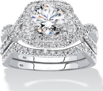 Palm Beach Jewelry 2.20 TCW CZ Two-Piece Halo Bridal Ring Set in Platinum-plated Sterling Silver