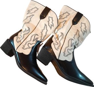 Generic Womens Western Cowboy Boots - Black & White Mid-Calf Boots with Embroidered Detail and Pointed Toe