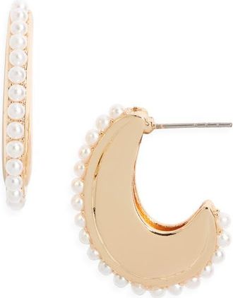 Open Edit Faux Pearl Hoop Earrings in White- Gold at Nordstrom