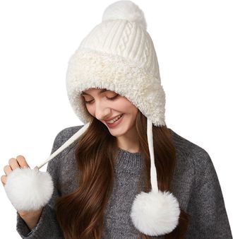 Generic Winter Beanie Hats for Women with Ear Flaps Fleece Lined Crochet Skull Cap Warm Cable Knitted Hat with Triple Pom Poms Ear Windproof for Outdoor Ski S