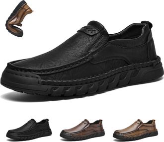 Generic Mens Handmade Leather Orthopedic Loafers - Wide Toe Box, Outdoor Casual Slip-On Dress Non Slip Walking Shoes Stylish Soft Business Driving Shoes (Blac