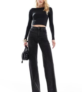 Only Tall Hope - Jeans a fondo ampio nero slavato con strass