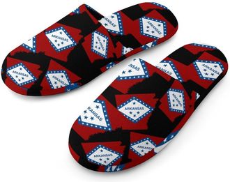 Generic Flag Map of Arkansas Flannel Mens Slip-on Slippers Winter Warm House Shoes with Rubber Sole for Home Hotel