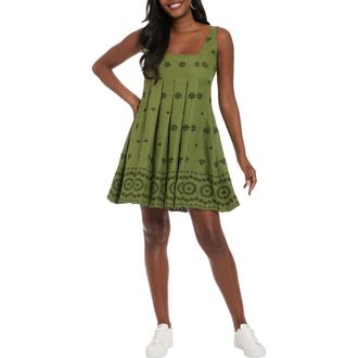 London Times Embroidered Eyelet Sleeveless Pleated Trapeze Dress in Pesto at Nordstrom Rack, Size X-Large