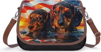 Generic Dachshund Dogs U.S. Flag Crossbody Bag Womens Handbag PU Message Bags Shoulder Purse with Adjustable Strap