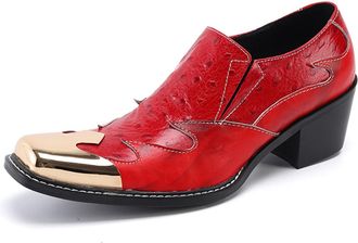 Generic Mens Loafers Casual Prom Slip On Shoes Metal Square-Toe Genuine Leather Heel Penny Loafers Wedding Party Western Ballroom Dress Shoes (Red,11.5)