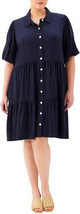 Karen Kane Tiered Puff Sleeve Shirtdress in Navy at Nordstrom, Size 1X