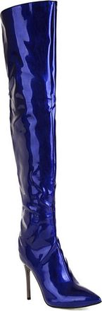 Generic Blue,4.5 UK,Womens Patent Leather PU Thigh High Boots Pointy Toe Side Zippe Fashion Comfy Stiletto High Heel Over The Knee Boot Fall Winter Dress Shoe