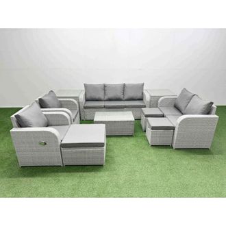 Fimous Fimous PE Rattan Garden Furniture Set Adjustable Chair Sofa Double Love Seat 2 Seater Sofa Lounge Set Oblong Coffee Table 3 Stools 2 Side Table Light