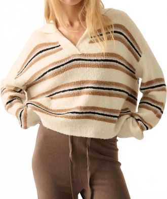 Promesa First In Line Striped Split-Neck Collared Sweater In Beige Stripe