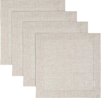 Solino Home Linen Square Placemats Set of 4, 14 x 14 Inch for Dining Table, Holiday and Everyday Table Decor - Classic Hemstitch in Light Natural at