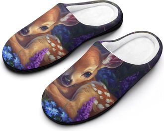 Generic Deers Lying in Purple Flowers Slippers Men Winter Warm Cotton Anti-Slip Indoor Slip-Ons House Shoes