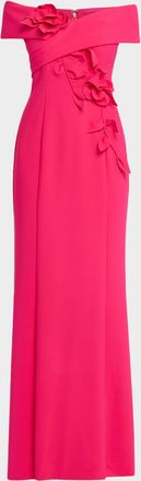 Teri Jon Off-Shoulder Floral Applique Scuba Gown