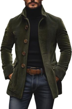 Generic Mens Corduroy Winter Trench Coat, Long Stand Collar Jacket with Single-Breasted Buttons for Casual and Dress Occasions (Green,S)