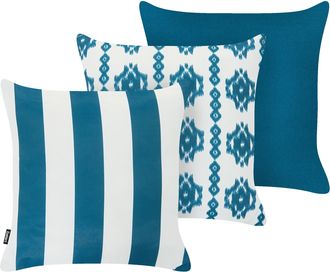 Beliani Conjunto De 3 Cojines Decorativos Para Exterior Accesorios De Jard&iacute;n Blanco Y Azul Basswood