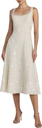 Mac Duggal Boucle Embellished Square Neck A Line Midi Dress in Ivory at Nordstrom, Size 12