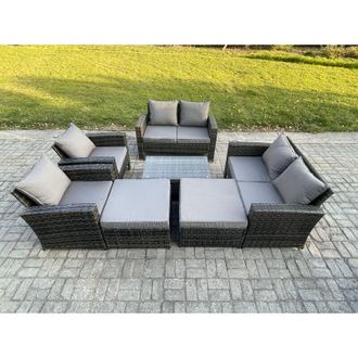 Fimous Outdoor Rattan Garden Furniture Set 8 Seater Patio Lounge Sofa Set with Coffee Table 2 Big Footstool Dark Grey Mixed - Fimous