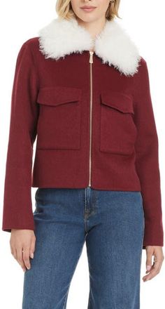 Kate Spade New York Wool Blend Jacket with Removable Faux Shearling Collar in Rhubarb Jam at Nordstrom, Size X-Large