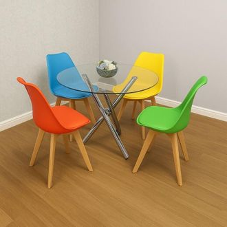 Kosy Koala Round Clear Glass Dining Table with 4 Mixed Plastic Chairs, Modern Dining Room Furniture