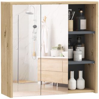HOMCOM Bathroom Cabinet Wall Mounted Mirror Storage With Shelves Natural | TJ Hughes