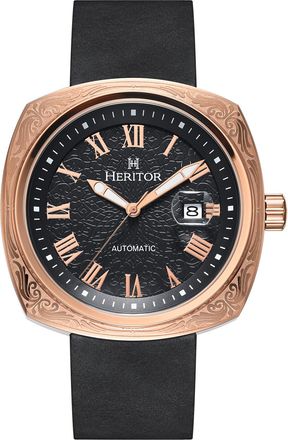 Heritor Davenport Engraved-Case Leather-Band Watch w/ Date