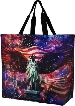 Generic Ea-gles Wings Firework U.S. Flag Large Reusable Shopping Bag Lightweight Foldable Tote Bags Washable Shoulder Handbag