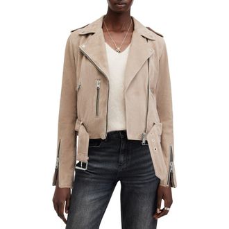 AllSaints Suede Moto Jacket in Warm Taupe Grey at Nordstrom Rack, Size 10 Us / 14 Uk