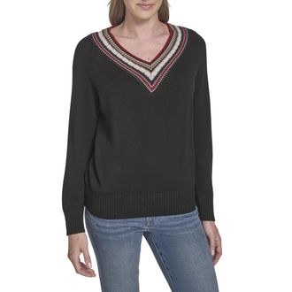 Tommy Hilfiger Womens Solid V-Neck Pullover Tipped Sweater, Black, Small