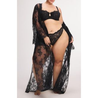 Savage x Fenty Lace Flow Maxi Robe in Black Caviar at Nordstrom, Size X-Small