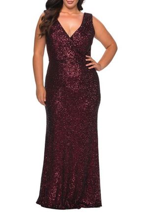 La Femme Long Sequin Plus Size Gown with V-Neck in Wine at Nordstrom, Size 12W