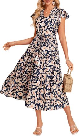 Grace Karin Women Floral Summer Dresses Vintage Boho High Waist A-Line Midi Dress Elegant Casual Beach Party Dress Greee Navy White Floral XXL