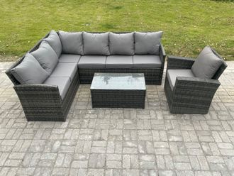 Fimous Rattan Lounge Corner Sofa Set Wicker PE Outdoor Garden Furniture Set with Rectangular Coffee Table Armchair in Dark Grey