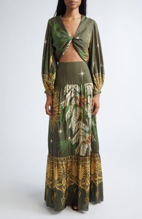 Johanna Ortiz Relatos de mi Tierra Print Silk & Cotton Dobby Tiered Skirt in Green /Yellow at Nordstrom, Size 2