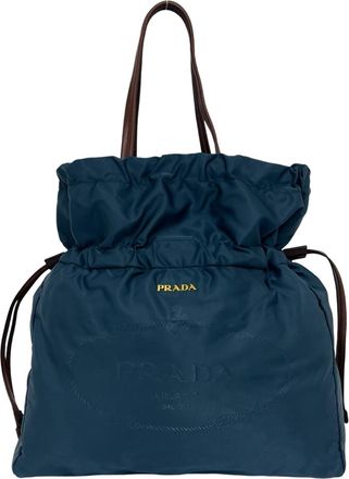 Prada Blue Brown Nylon Leather Shoulder Bag Tote Bag (Pre-Owned)