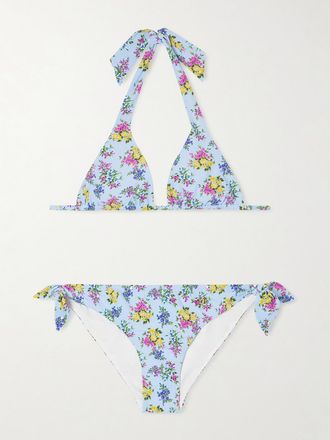 Dolce & Gabbana Bikini A Triangolo Floreale Con Logo - Blu