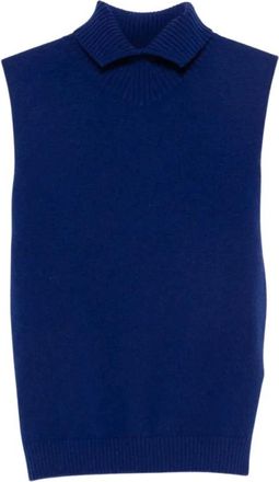 Jil Sander Gebreid Vest met Kraag en Zonder Mouwen - Dames - V-hals truien - Blauw - 2XS - Wol - Truien & Vesten