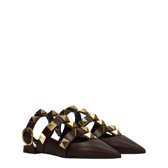 Valentino Garavani Womens Brown Leather Flat Sandals