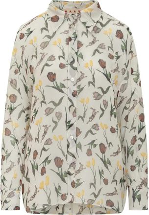 Marni Chiffon Blouse met Tulpen- en Hazenprint - Dames - Overhemden - Veelkleurig - M - Chiffon - Overhemden
