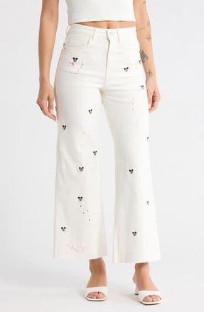 Desigual Mickey Mouse Embroidered Wide Leg Jeans in Light Beige at Nordstrom Rack, Size 40