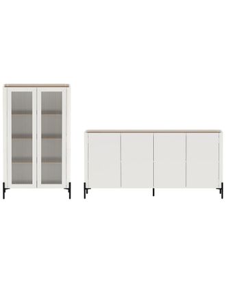 Manhattan Comfort 2Pc Modern Abbey 66.9In Sideboard & D&eacute;cor Ribbed Tempered Glass Cabinet With Adjustable Shelves