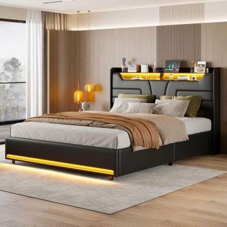 OEM Estructura De Cama 140x200 Con Cofre Hidr&aacute;ulico Led Pu Negro - Somier De Lamas, Cabecera Con Puerto De Carga