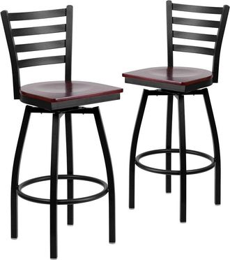 Flash Furniture 2 Pk. Black Ladder Back Swivel Metal Barstool - Mahogany Wood Seat